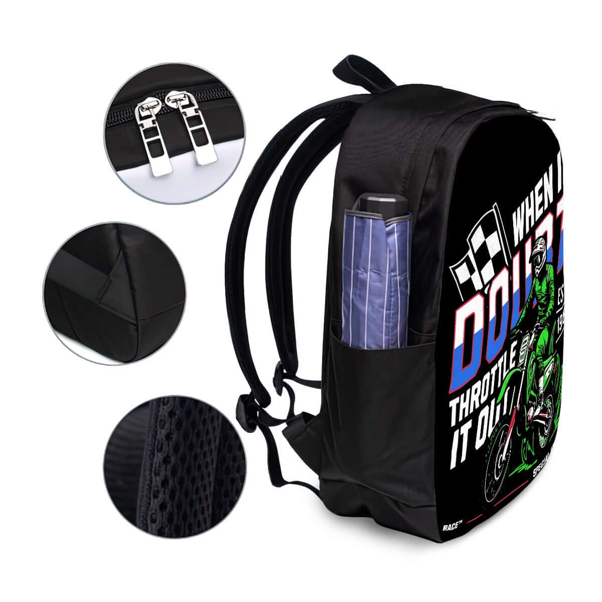 Oxford Reise-Laptop-Rucksack mit USB-Anschluss aus Oxford-Stoff mit Detailansichten von Reißverschlüssen und Verstärkungen