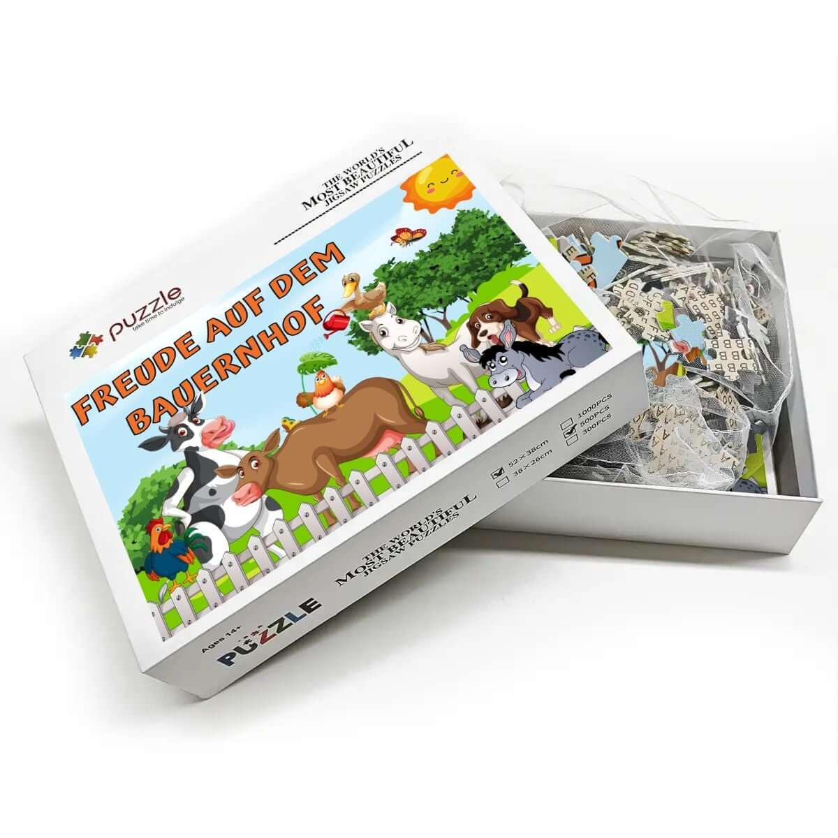500-teiliges Holzpuzzle (horizontal) mit buntem Bauernhof-Motiv und Tierfiguren in der Verpackung.