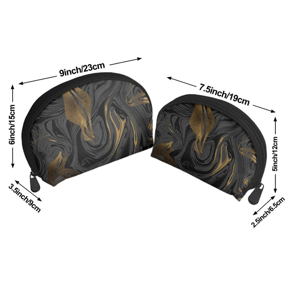 Aufbewahrungsbeutel-Set (2 Stück) in schwarz-goldenem Design, aus Polyester, große und kleine Größe, einseitiger Druck, Reißverschluss.
