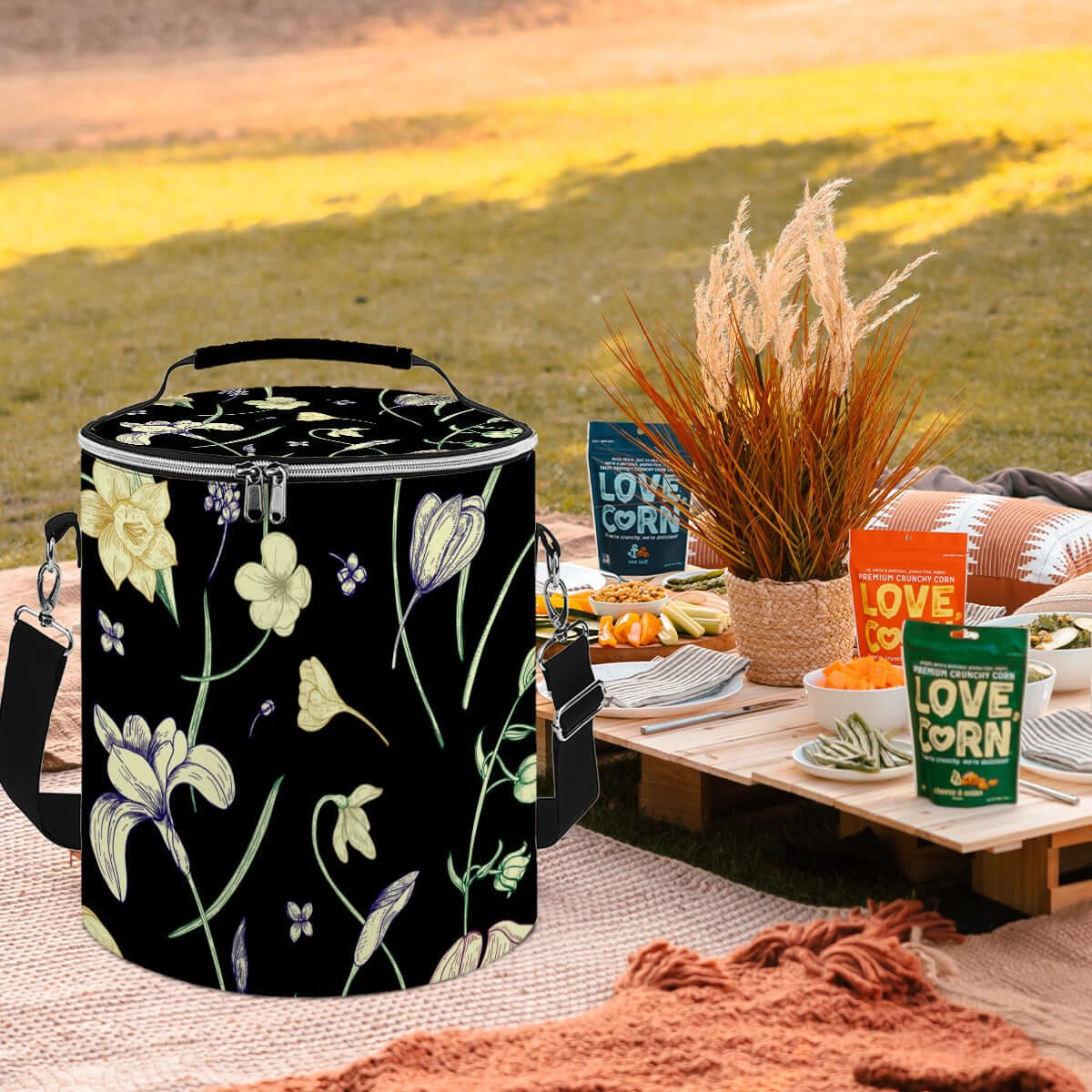 Camping-Kühltasche tragbar isoliert wasserdicht mit Blumenmuster auf Picknickdecke, umgeben von Snacks im Freien.
