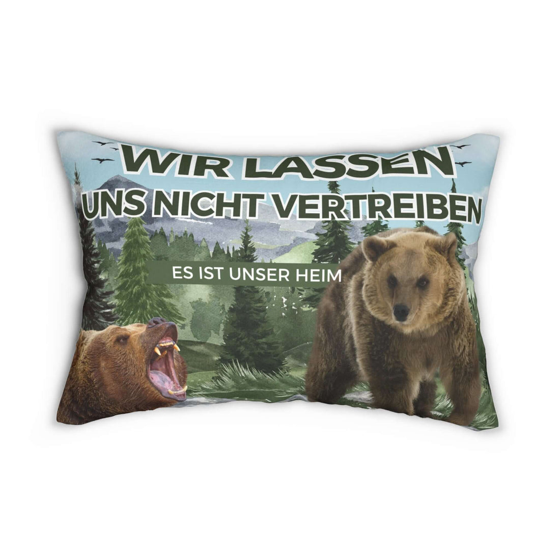 Lendenkissen –Bärenwald-Akzentkisse mit Bärenmotiv und markantem deutschen Text vor Wald- und Bergkulisse, 20x14 Zoll