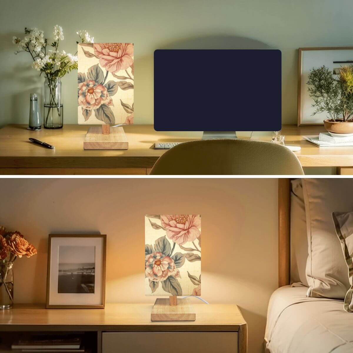 Quadratische Tischlampe mit Blumenmuster, Leinen und Gummiholz, einseitiger UV-Druck, auf einem Schreibtisch und Nachttisch