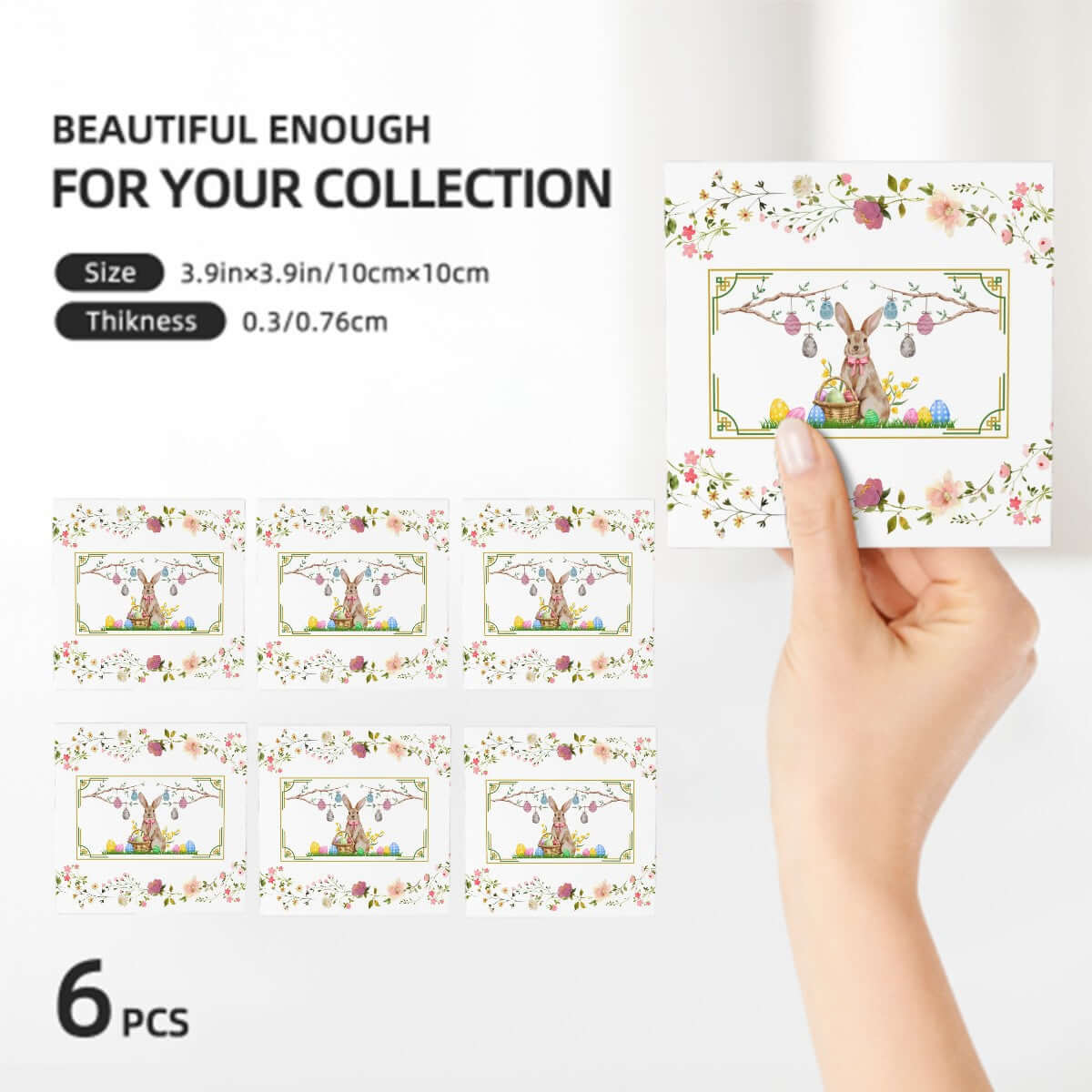 Quadratische Keramikuntersetzer, 6 Stück mit Hasen- und Blumenmotiv, UV-Druck, Keramik, 4"x4" Größe, dekorative Untersetzerkollektion
