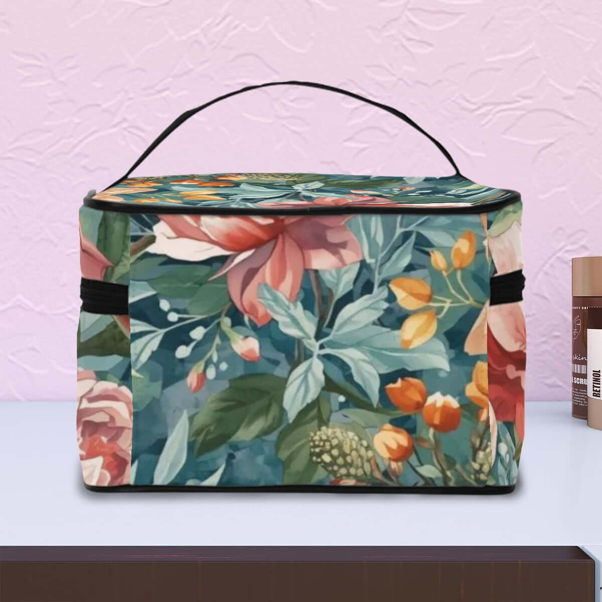 Tragbare Reise-Kosmetiktasche mit Blumendruck, Polyester, große Kapazität, elegante Reißverschlussstruktur, einseitiger Sublimationsdruck