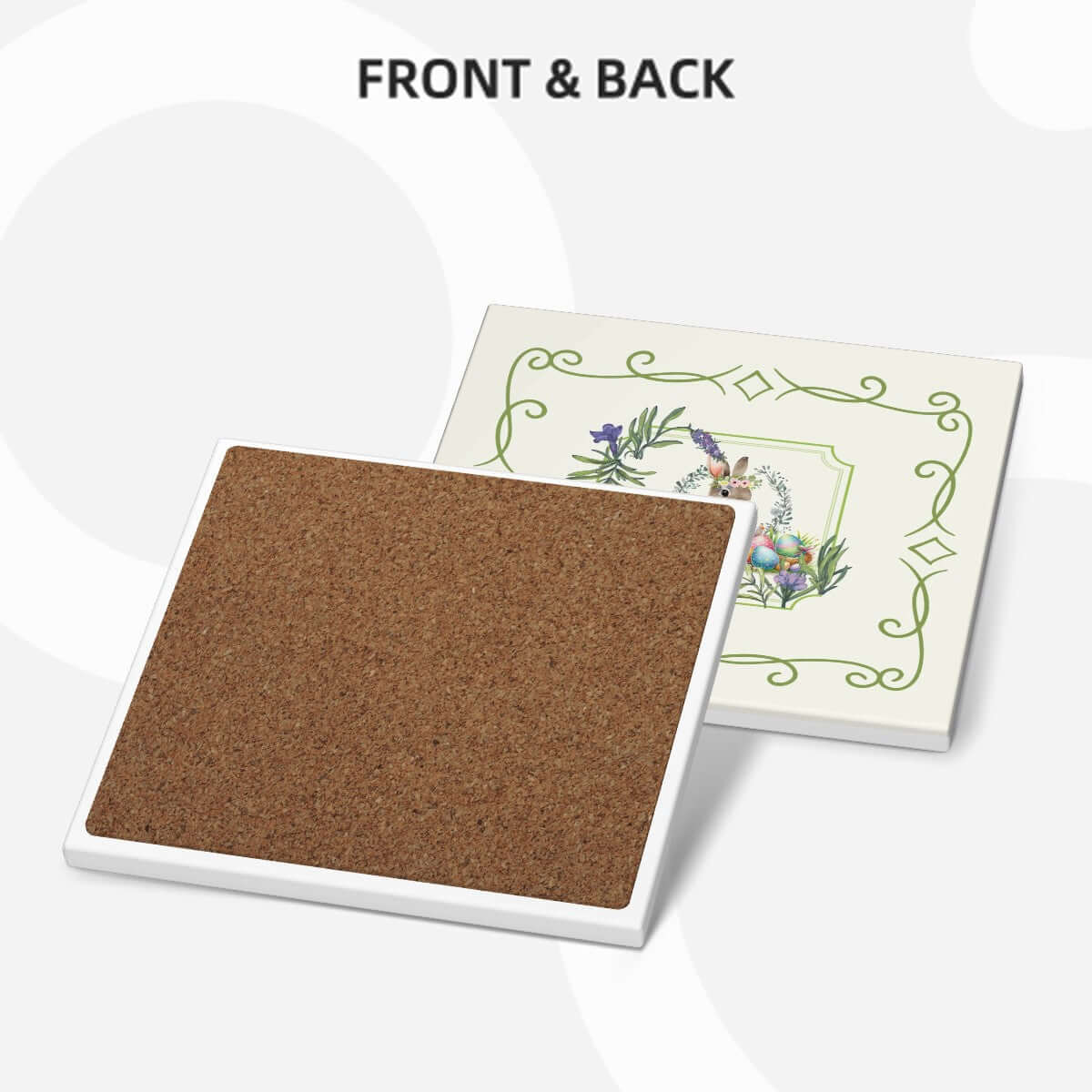 Ansicht von vorn und hinten der Quadratische Keramikuntersetzer, 6 Stück mit dekorativem Design und Korkrückseite.
