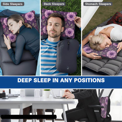 Menschen verwenden aufblasbares Campingkissen in verschiedenen Schlafpositionen, darunter Seiten-, Rücken- und Bauchschläfer.