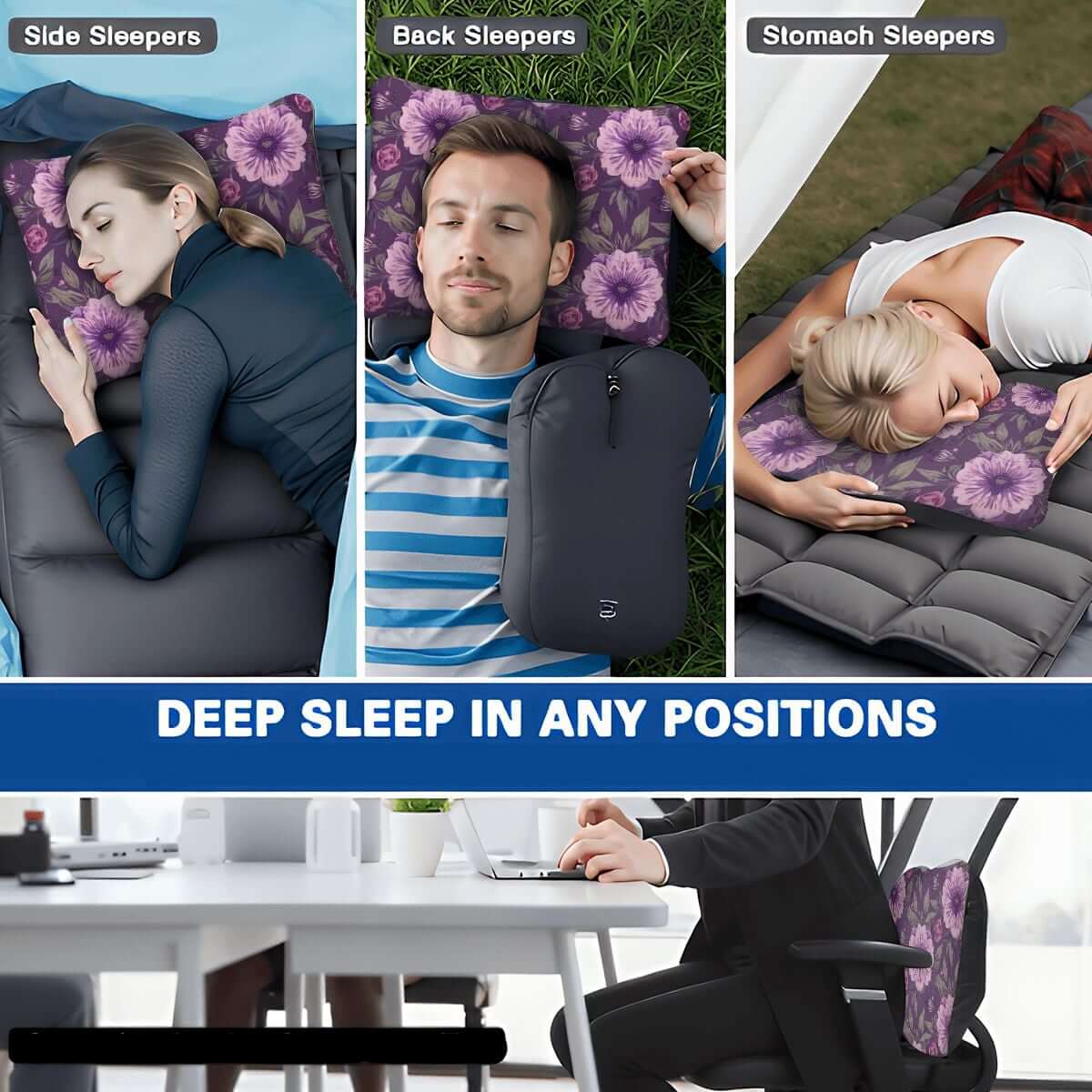 Video Aufblasbares Campingkissen mit Blumenmuster, ideal für Seitenschläfer, Rückenschläfer und Bauchschläfer in jeder Schlafposition.