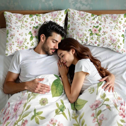 Couple sleeping under floral Queen-Bettwäsche-Set with polyester material, featuring customizable design pillowcases and quilt cover.