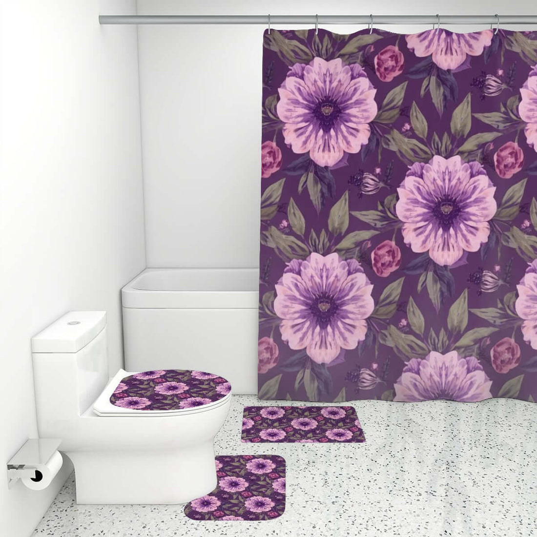 Video Badezimmerteppich-Set mit Duschvorhang, lila Blumenmuster, 4-teilig, Polyester, inklusive Toiletten- und Duschvorhang.