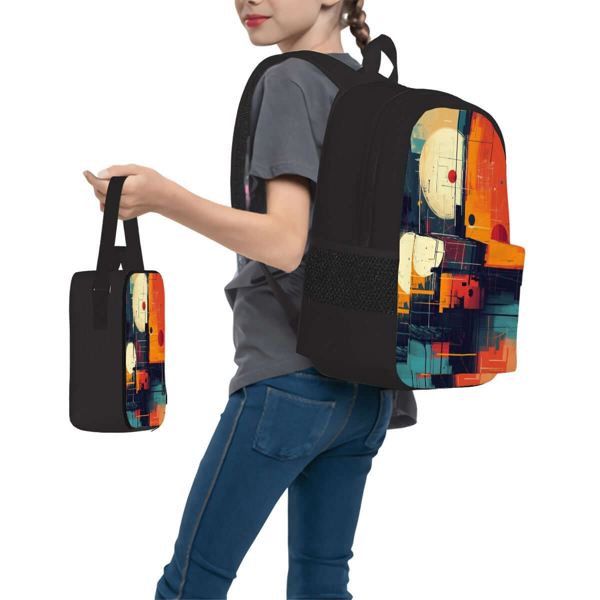 3er-Set Taschen (Oxford-Rucksack, Lunchtasche &amp; Federmäppchen) in buntem Design, getragen von Kind, hergestellt aus Oxford-Stoff.