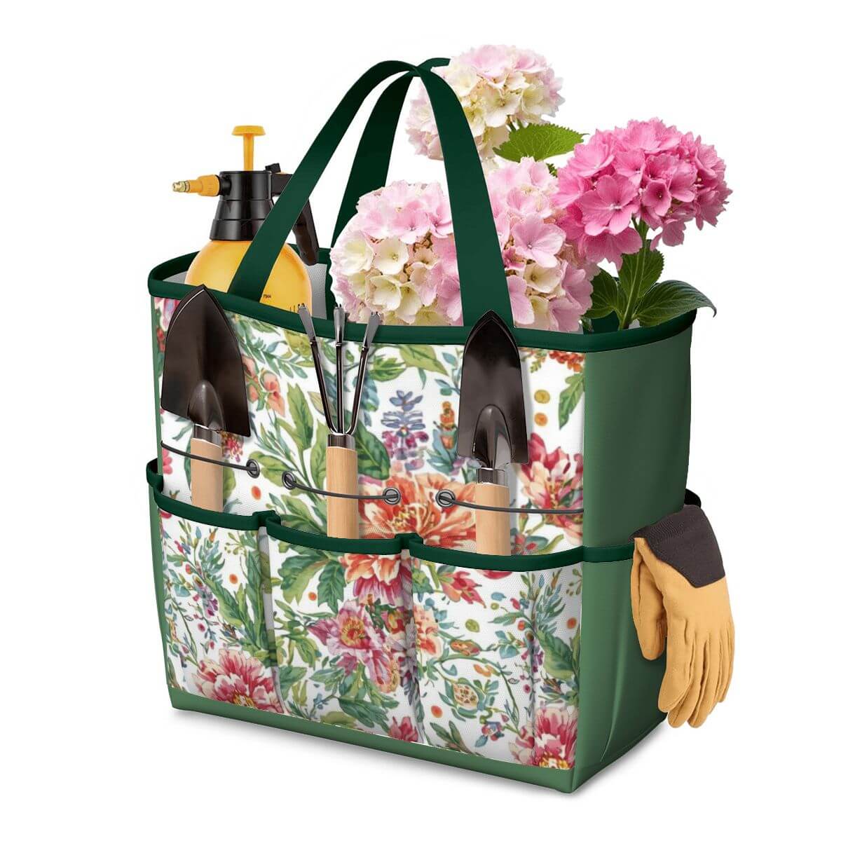 Gartengerätetasche (Werkzeuge nicht enthalten) aus Oxford Fabric, floral design, with garden tools and flowers, ideal for storage and transport.