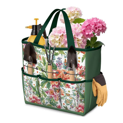 Gartengerätetasche (Werkzeuge nicht enthalten) aus Oxford Fabric, floral design, with garden tools and flowers, ideal for storage and transport.