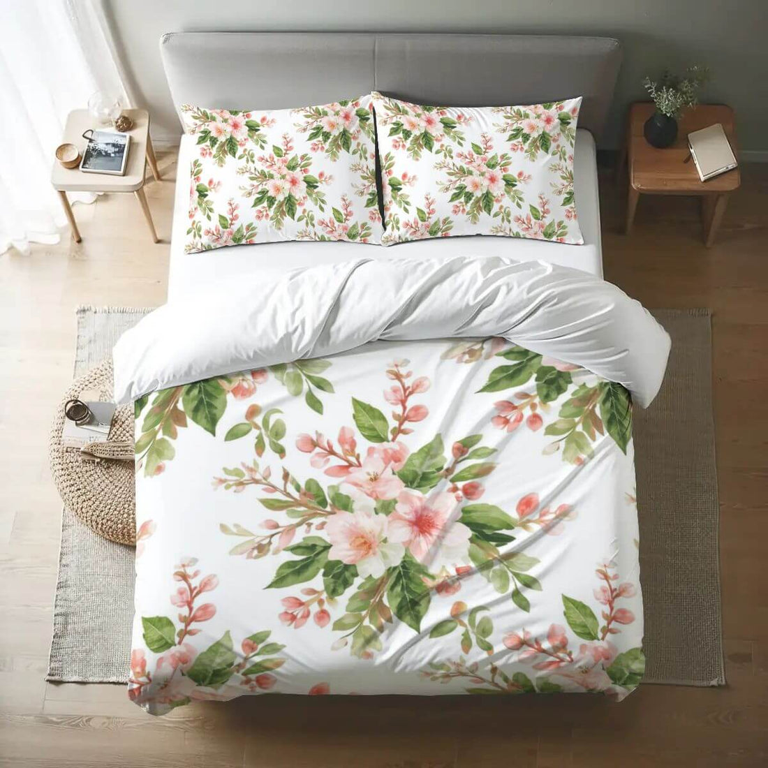 Queen-Bettwäsche-Set aus 90GSM Polyester mit floralem Design, Bettbezug 90x90 Zoll, Kissenbezüge 30x20 Zoll, Sublimationstechnik