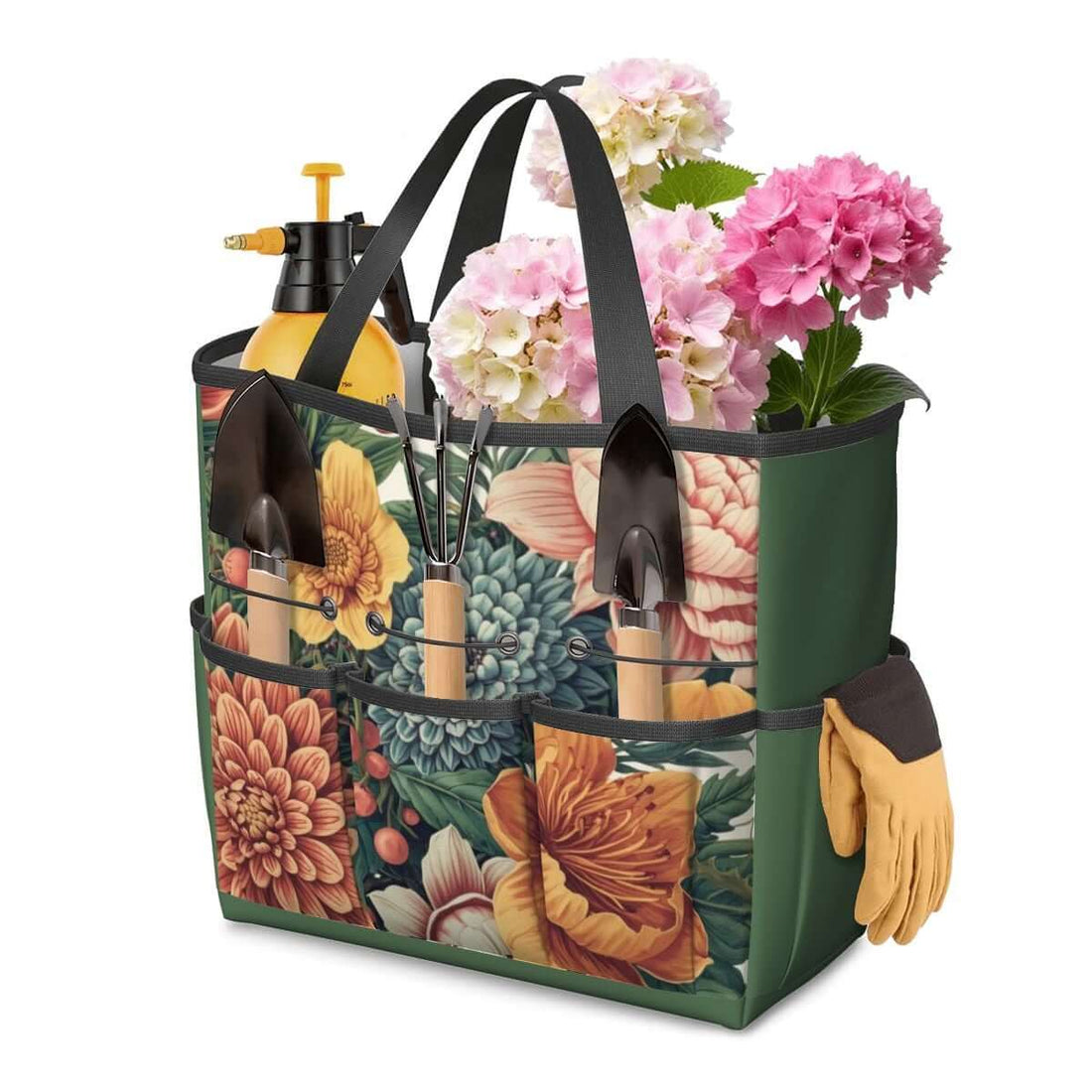 Gartengerätetasche aus Oxford-Stoff mit Blumendesign, zahlreichen Taschen, enthält Gartengeräte und Blumen, 11,8x5,5x11,4"