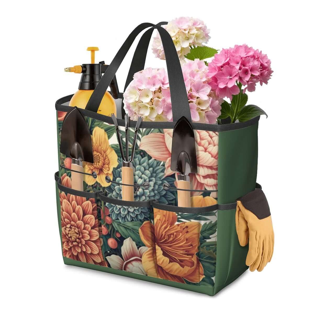 Gartengerätetasche aus Oxford-Stoff mit Blumendesign, zahlreichen Taschen, enthält Gartengeräte und Blumen, 11,8x5,5x11,4"
