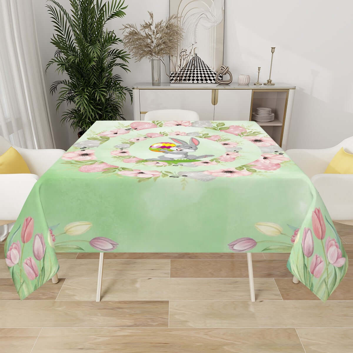 Quadratische Tischdecke Ostermotiv aus Polyester, 54"x54", einseitiger Druck, wasserabweisend, dekoriert mit Osterhasen-Design.