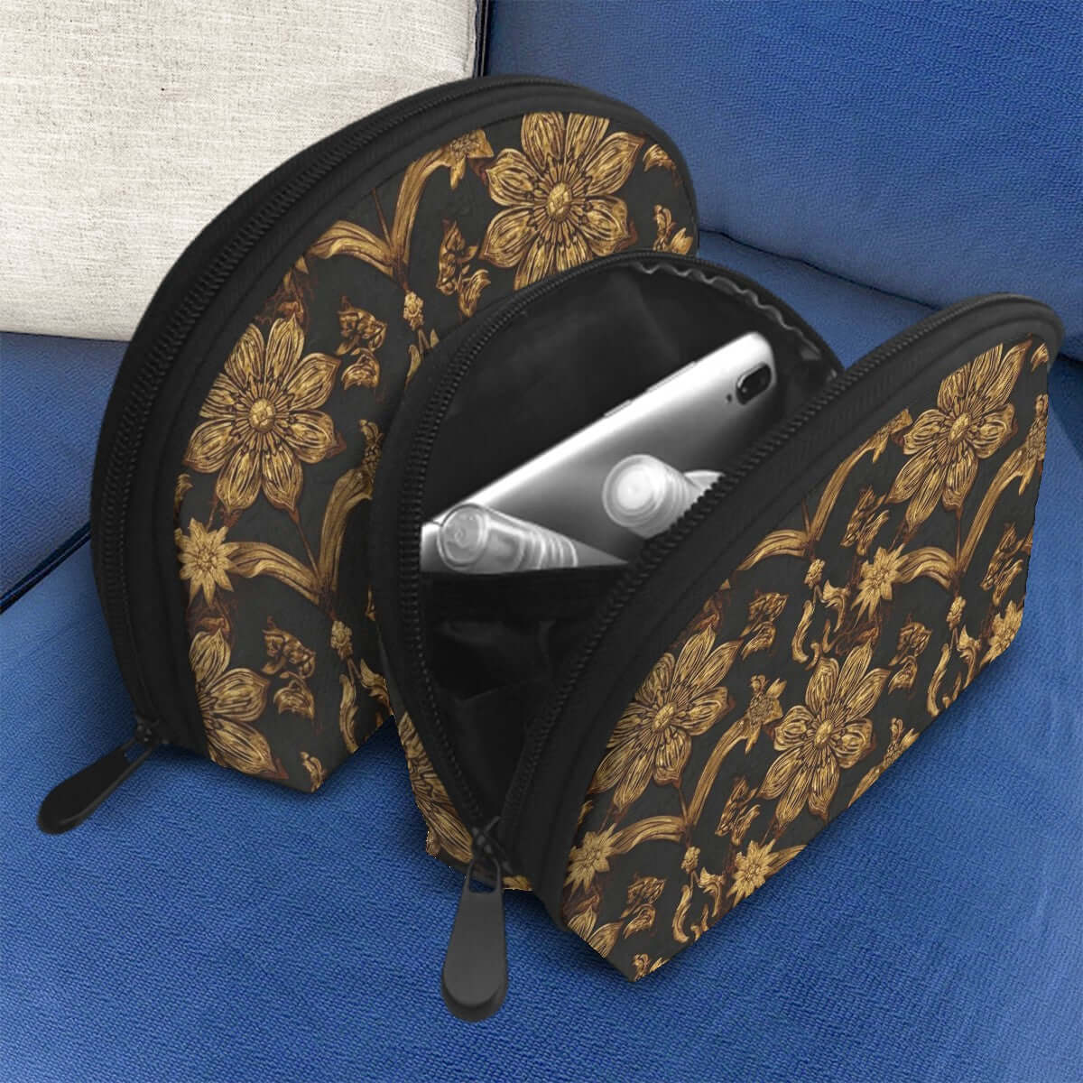Storage Bags Set of 2 displaying elegant floral design, large and small sizes, PU-Tragetasche für Damen, ideal for organized storage on sofa.