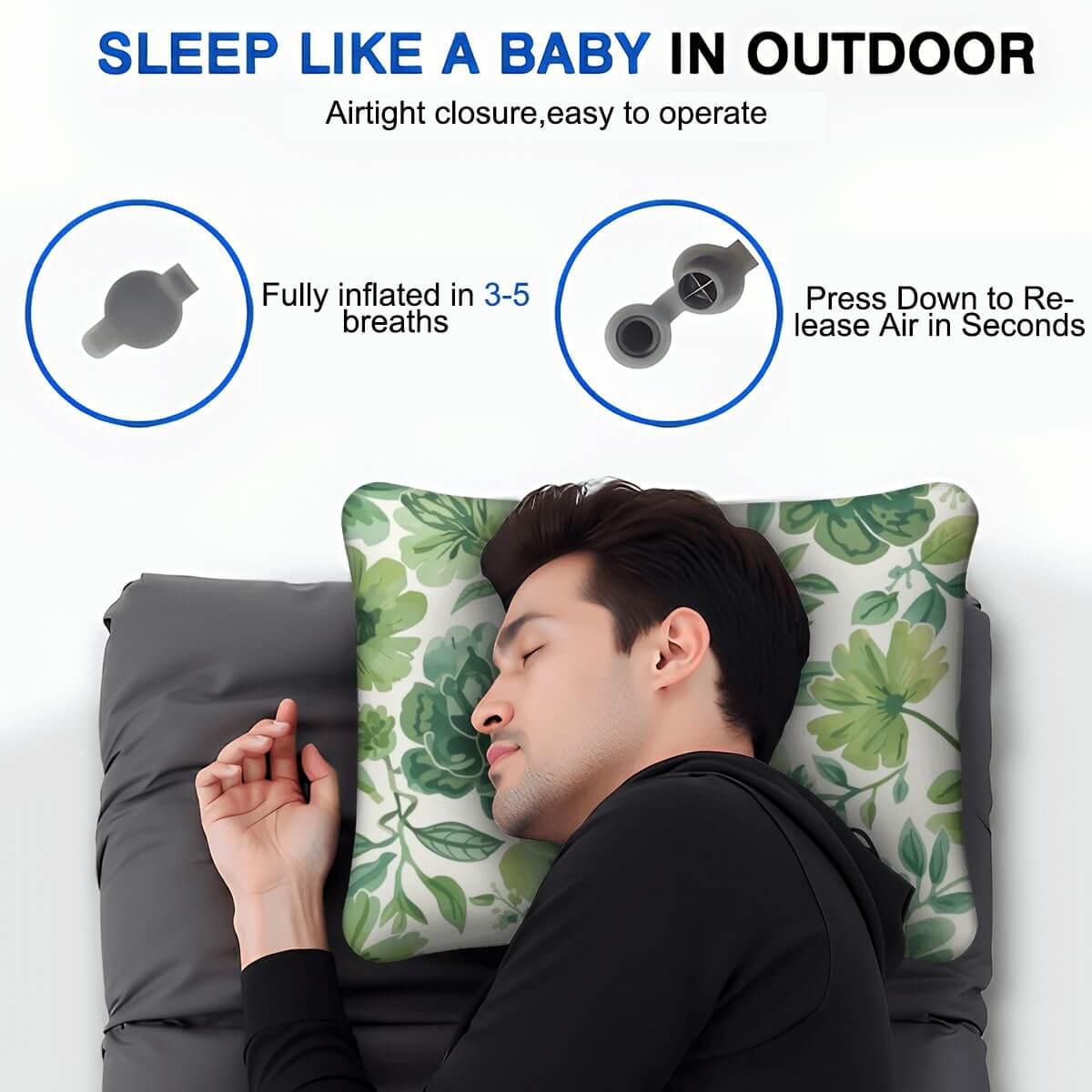 Aufblasbares Campingkissen - Mann schläft im Freien, leicht und bequem mit geblümtem Design, aufblasbar in 3-5 Atemzügen.