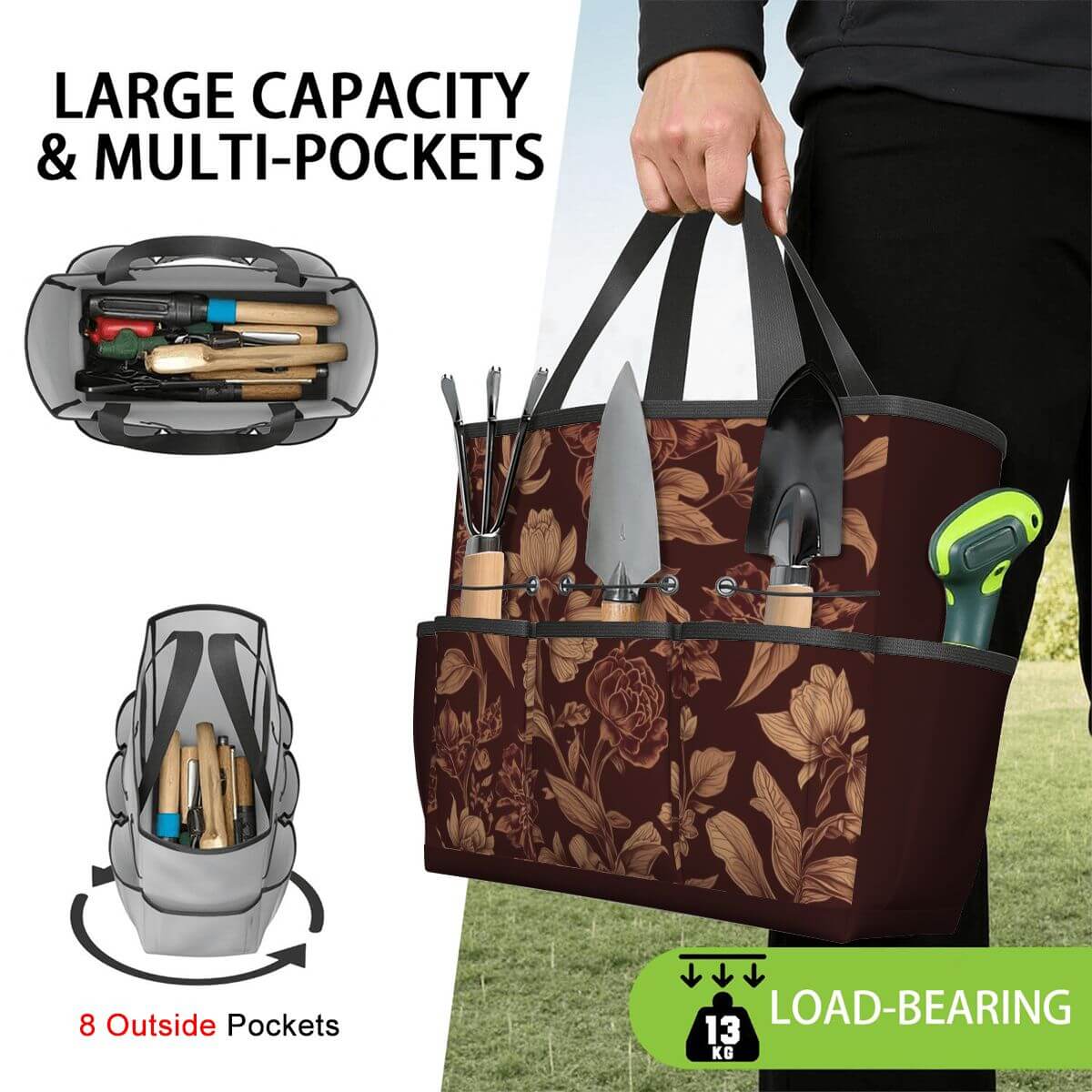 Gartengerätetasche aus Oxford-Stoff mit hoher Kapazität und Multifächern, ideal für organisierte Gartenwerkzeugaufbewahrung.