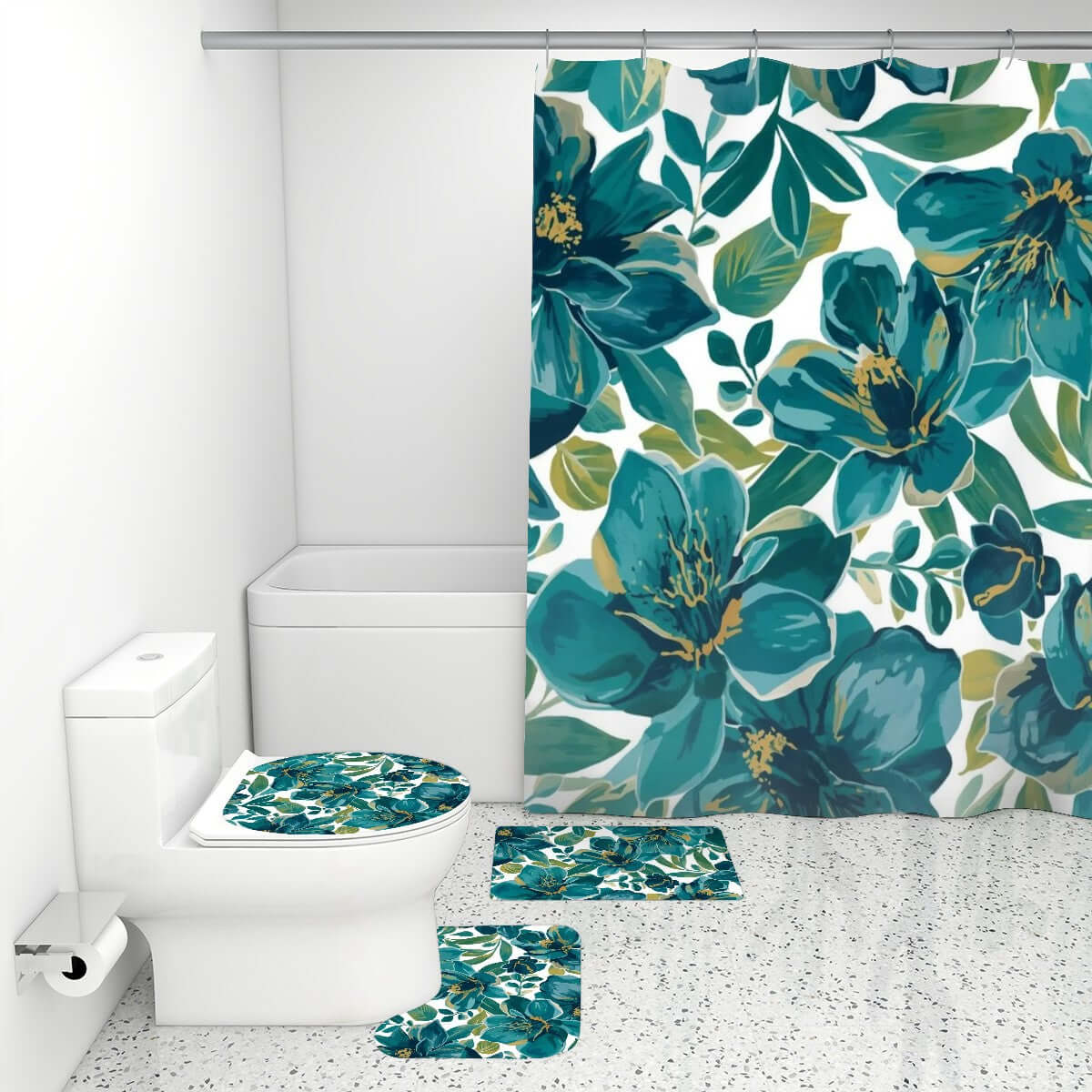 Badezimmerteppich-Set mit Duschvorhang, 4-teilig im floralen Design, apt für ein stilvolles Baddekor mit langlebiger Polyesterqualität.