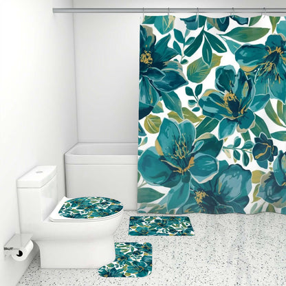 Badezimmerteppich-Set mit Duschvorhang, 4-teilig im floralen Design, apt für ein stilvolles Baddekor mit langlebiger Polyesterqualität.