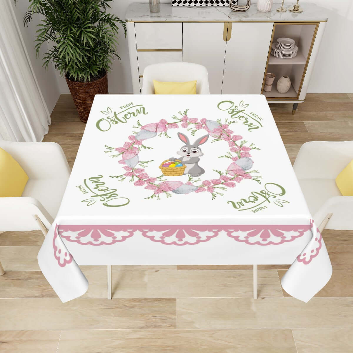 Quadratische Tischdecke Ostermotiv, Polyester, 54"x54", einseitiger Druck mit Osterhasen und Blumenkranz, wasserabweisend, dekorativ.