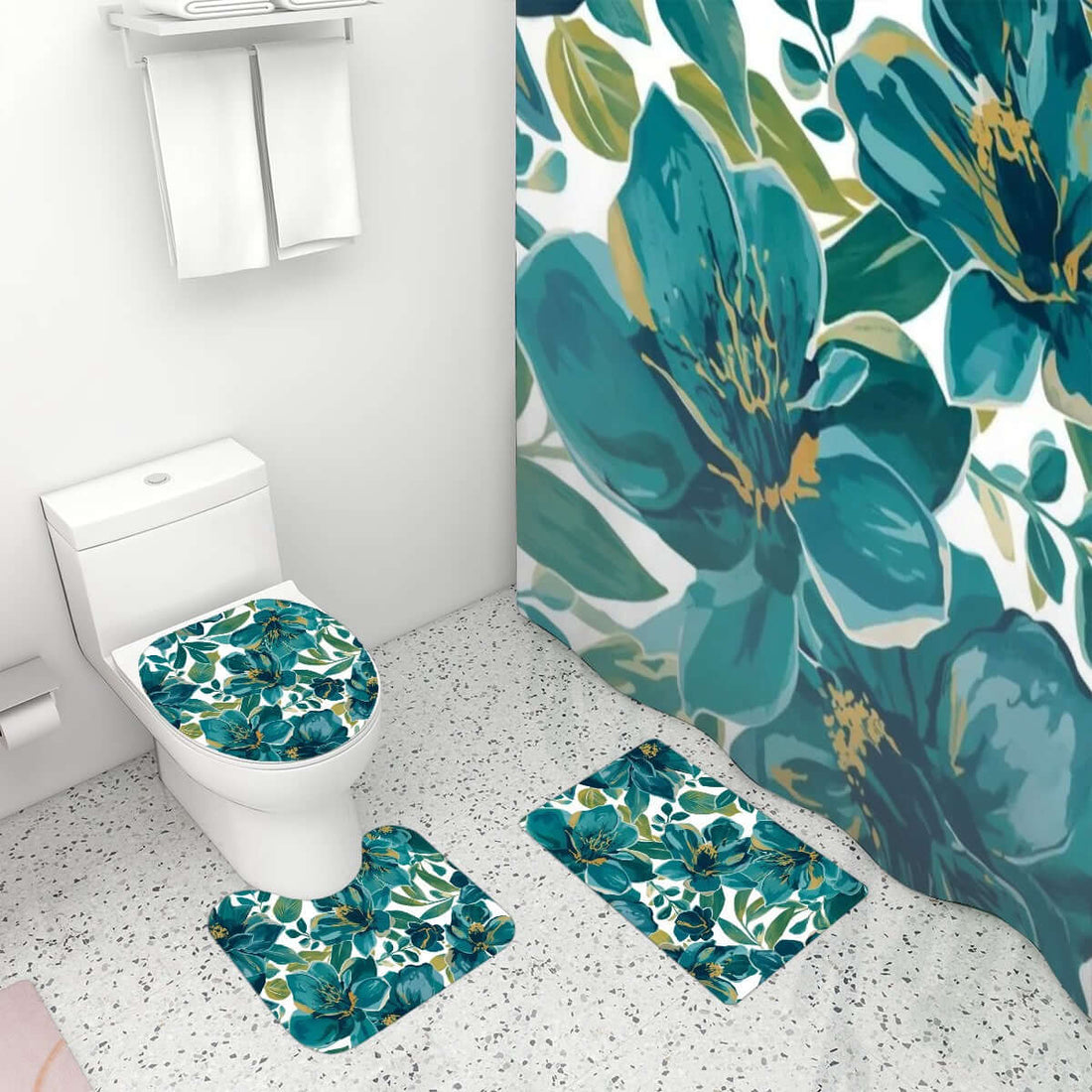 Badezimmerteppich-Set mit Duschvorhang, 4-teilig, floral design, polyester material, vibrant colors, waterproof, durable