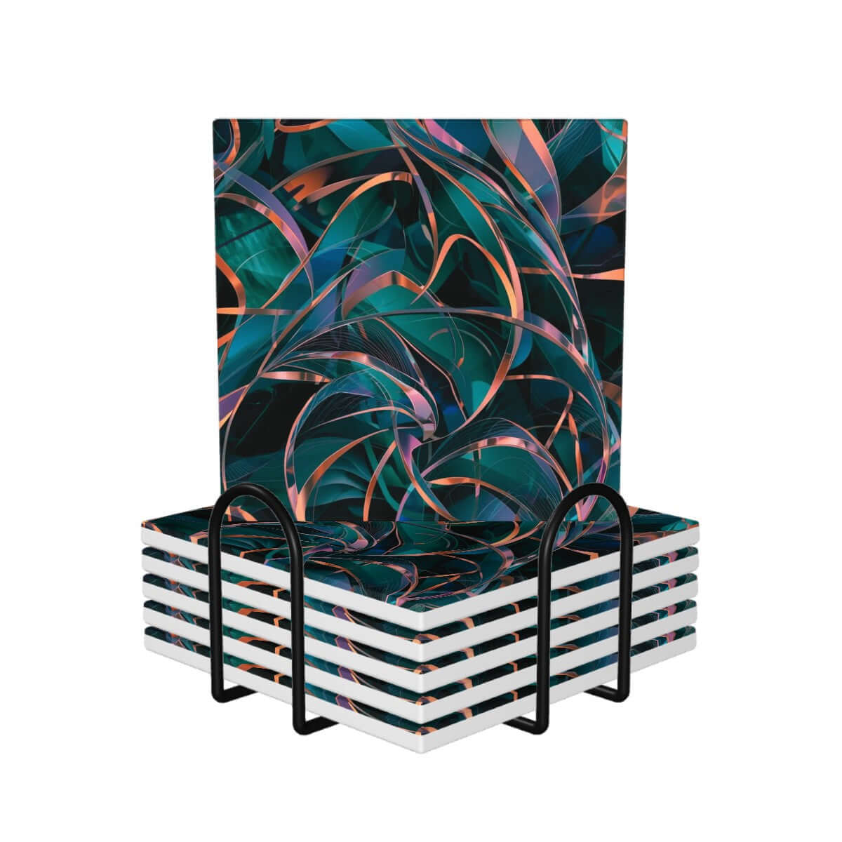 Quadratische Keramikuntersetzer, 6 Stück mit abstrakten Designs, stapelbar in schwarzem Halter. Hochwertiger, umweltfreundlicher Keramikuntersetzer.