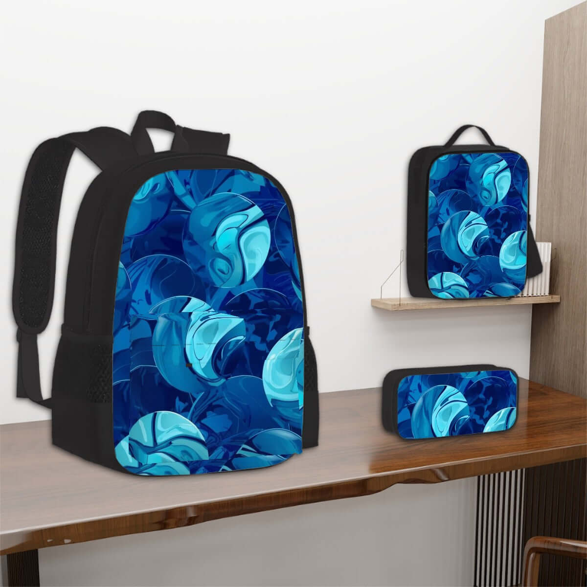 3er-Set Taschen (Oxford-Rucksack, Lunchtasche &amp; Federmäppchen) aus Oxford-Stoff mit blauem Design für Schule oder Büro.