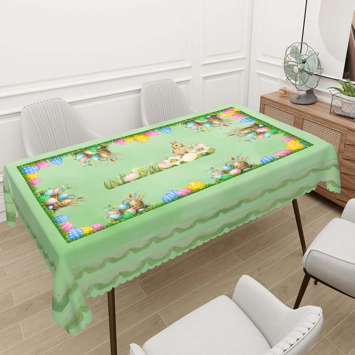 Rechteckige Tischdecke mit Wellenrand Ostermotiv 72"x54" made of 100% polyester with single-sided sublimation print in Easter design.