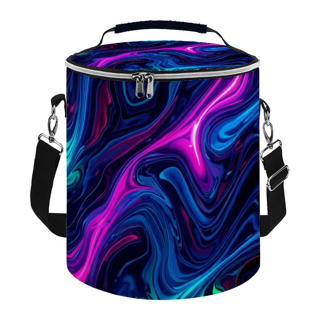 Camping-Kühltasche, tragbar, isoliert, wasserdicht aus Polyester mit sublimiertem Design in Blau und Lila, Größe 11,8"x10,0".