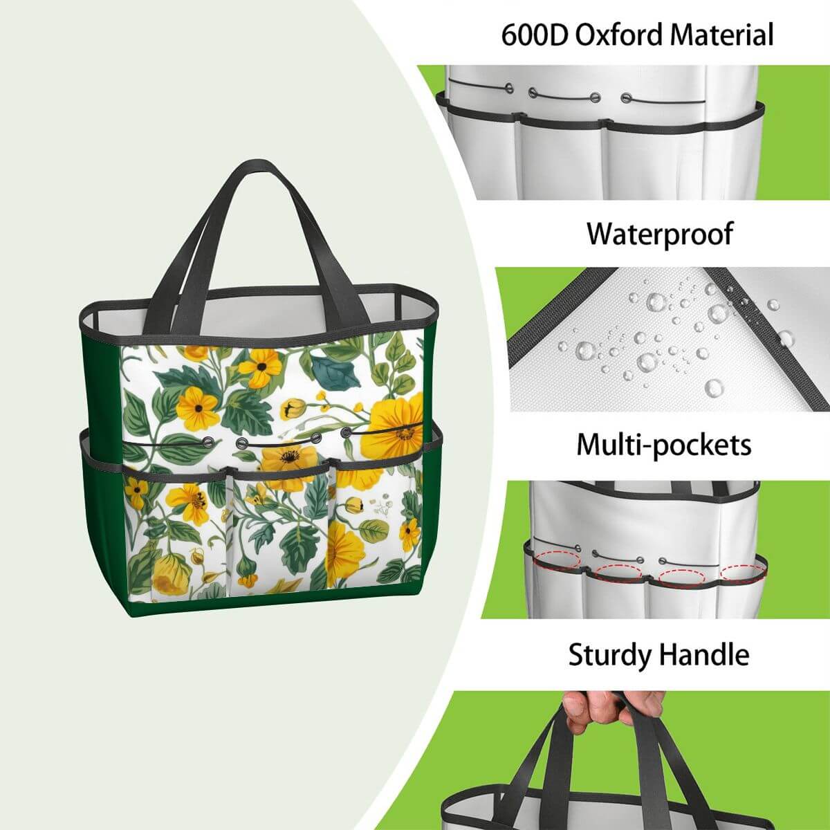 Gartengerätetasche aus 600D Oxford-Stoff, wasserfest, mit mehreren Taschen, robustem Griff, ideal für Gartenwerkzeuge.