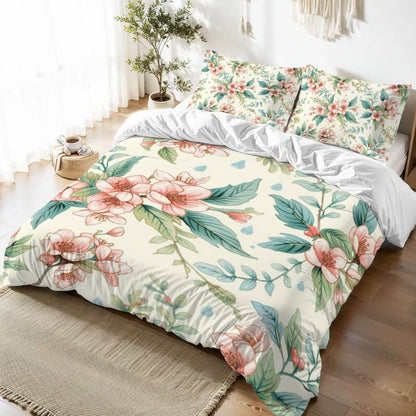 Queen-Bettwäsche-Set- Weich &amp; Atmungsaktiv mit floralen Design, 90GSM Polyester, Bettbezug 90x90, Kissenbezüge 30x20, sublimationsbedruckt.