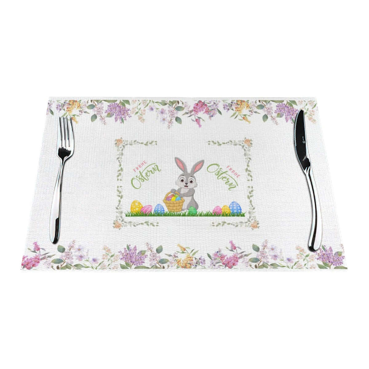 Tischset aus gewebtem PVC mit Osterhasenmuster und Besteck, hitzebeständig, rutschfest, schmutzabweisend, ideal für Festessen.
