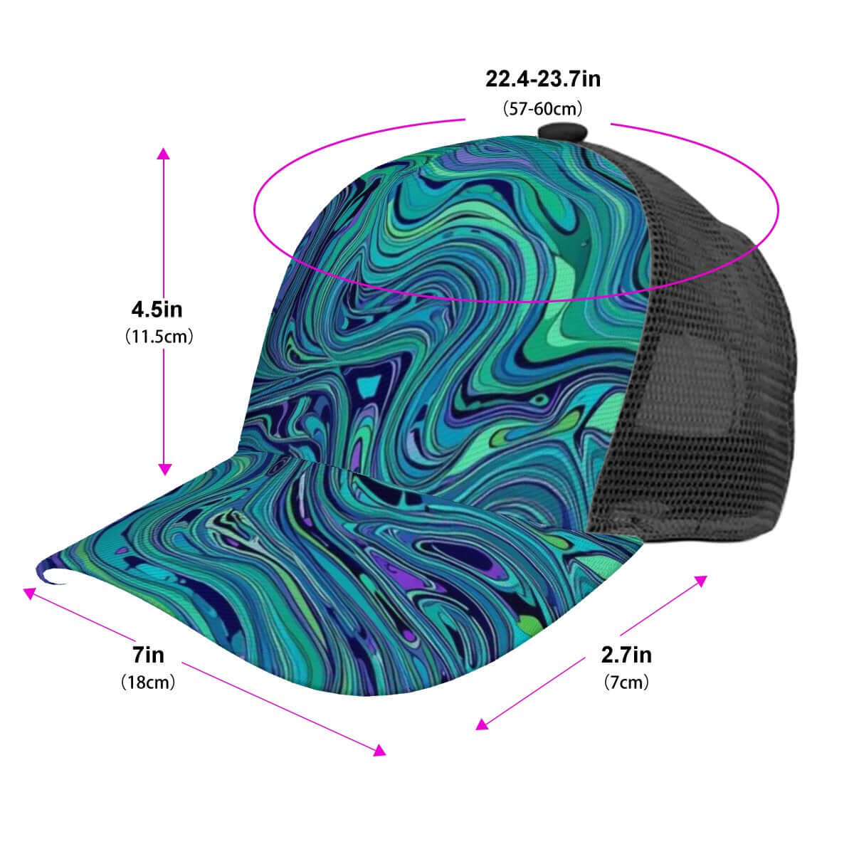 Mesh Baseball Cap (Full Pattern) with green and blue swirl design, side view showing dimensions and breathable mesh back.
