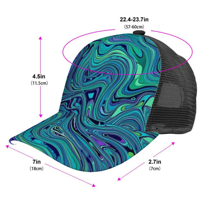 Mesh Baseball Cap (Full Pattern) with green and blue swirl design, side view showing dimensions and breathable mesh back.
