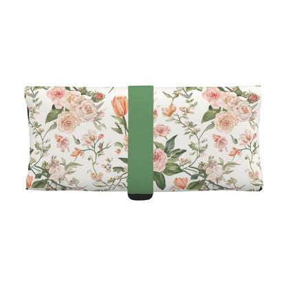 Brillenetui aus PU-Leder mit floralem Design und grünem Streifen, Mikrofaser-PU-Leder, UV-Druck, für verschiedene Gläser geeignet.