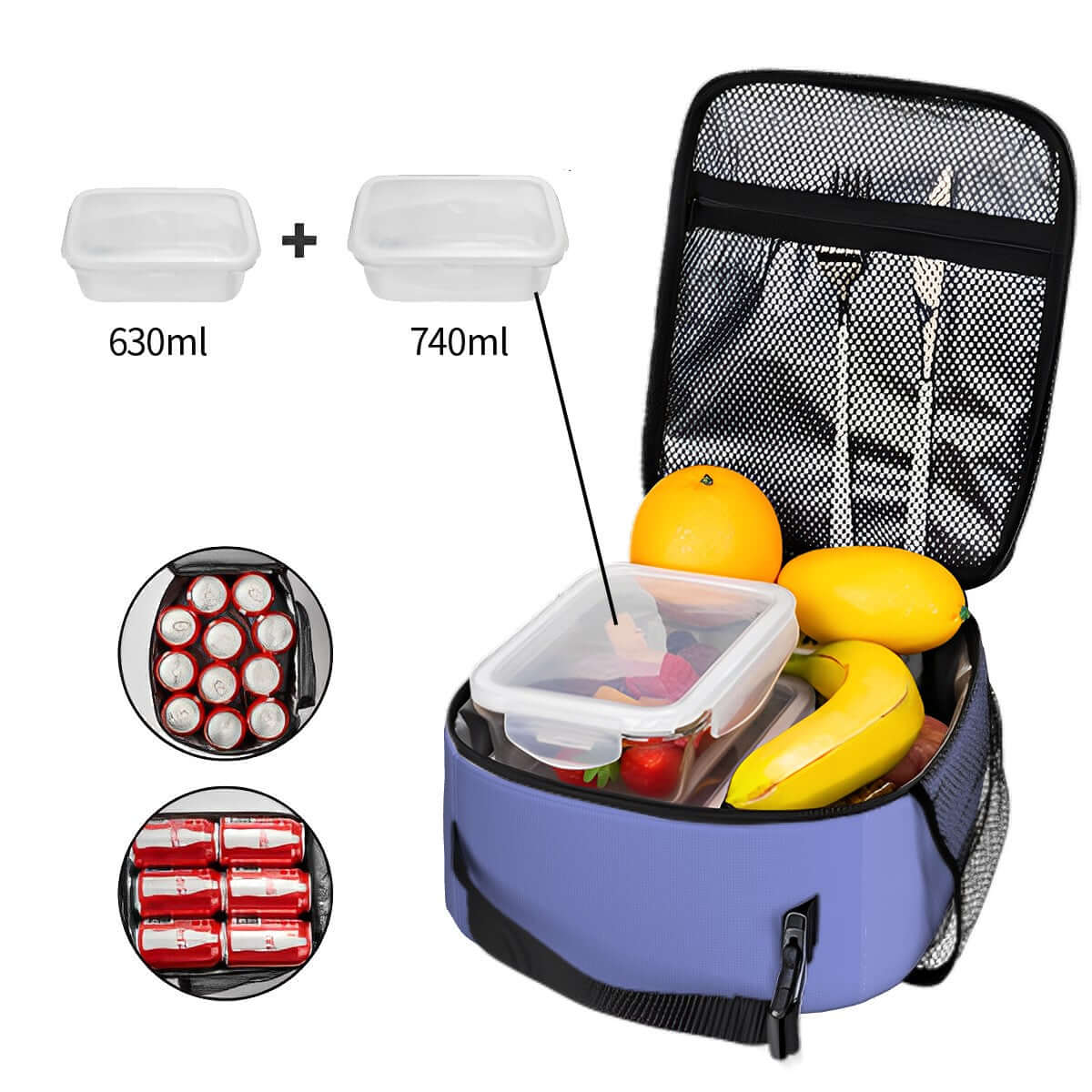 Lunchtasche mit ein schönes Design, tragbar für Reisen, zeigt 630ml und 740ml Behälter, geeignet für tragbare Reise-Kosmetiktasche.