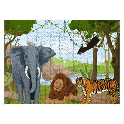500-teiliges Holzpuzzle (horizontal) mit Elefant, Löwe und Tiger in einem Dschungel-Szenario