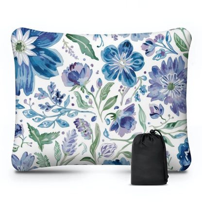 Video Aufblasbares Campingkissen mit blauen Blumenmuster, hautfreundlich, Größe 15,8"x12,6"x4,3", inklusive Tragetasche.