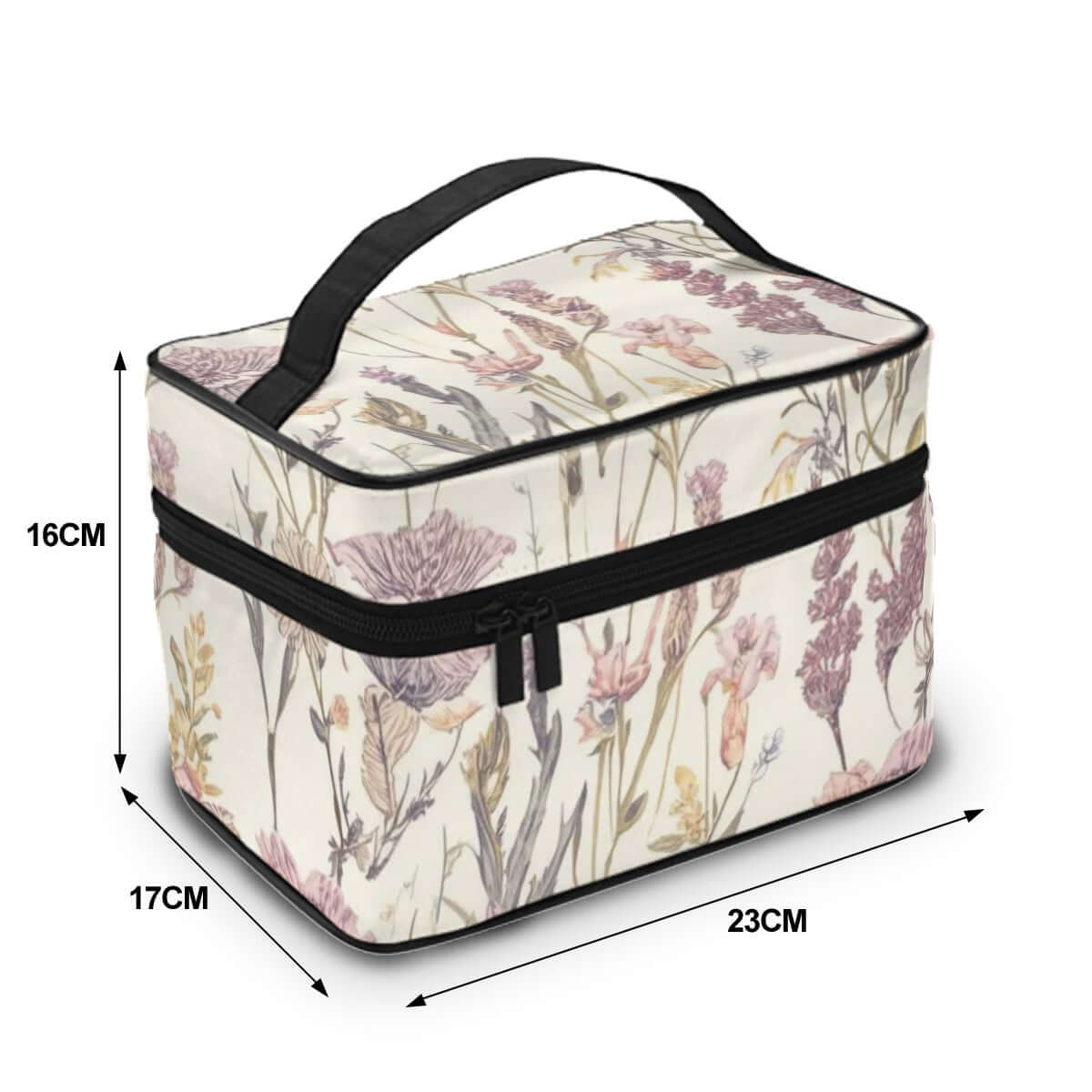 Tragbare Reise-Kosmetiktasche aus Polyester mit Blumendruck, Maße 23x17x16 cm, elegante Reißverschlussstruktur, große Kapazität