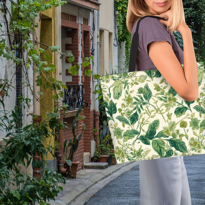 Frau mit große Schultertasche für Damen mit grünem Pflanzenmuster, ideal für Stil und Funktionalität, 100% Polyester, sublimiert.