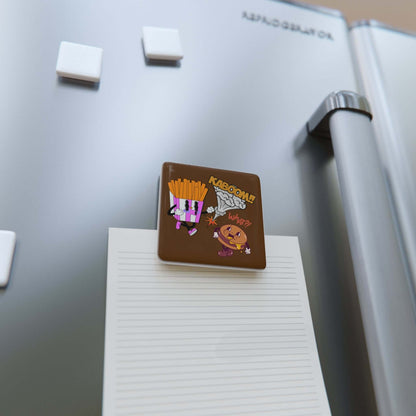 Porzellan Magnet Lustiger Cartoon Kühlschrankmagnet auf grauem Kühlschrank mit Notiz, farbenfrohes Cartoon-Motiv.