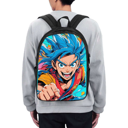 Person wearing backpack with vibrant anime character design on back panel
