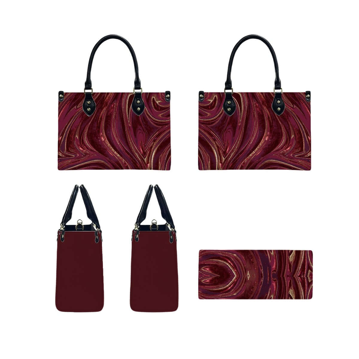 PU Tote Bag for Women with maroon swirl pattern, black handles, and UV printed sides