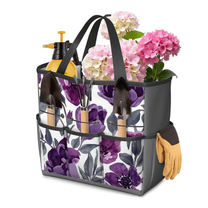 Gartengerätetasche (Werkzeuge nicht enthalten) aus Oxford-Stoff mit floralem Muster, zeigt mehrere Taschen für Gartenzubehör.