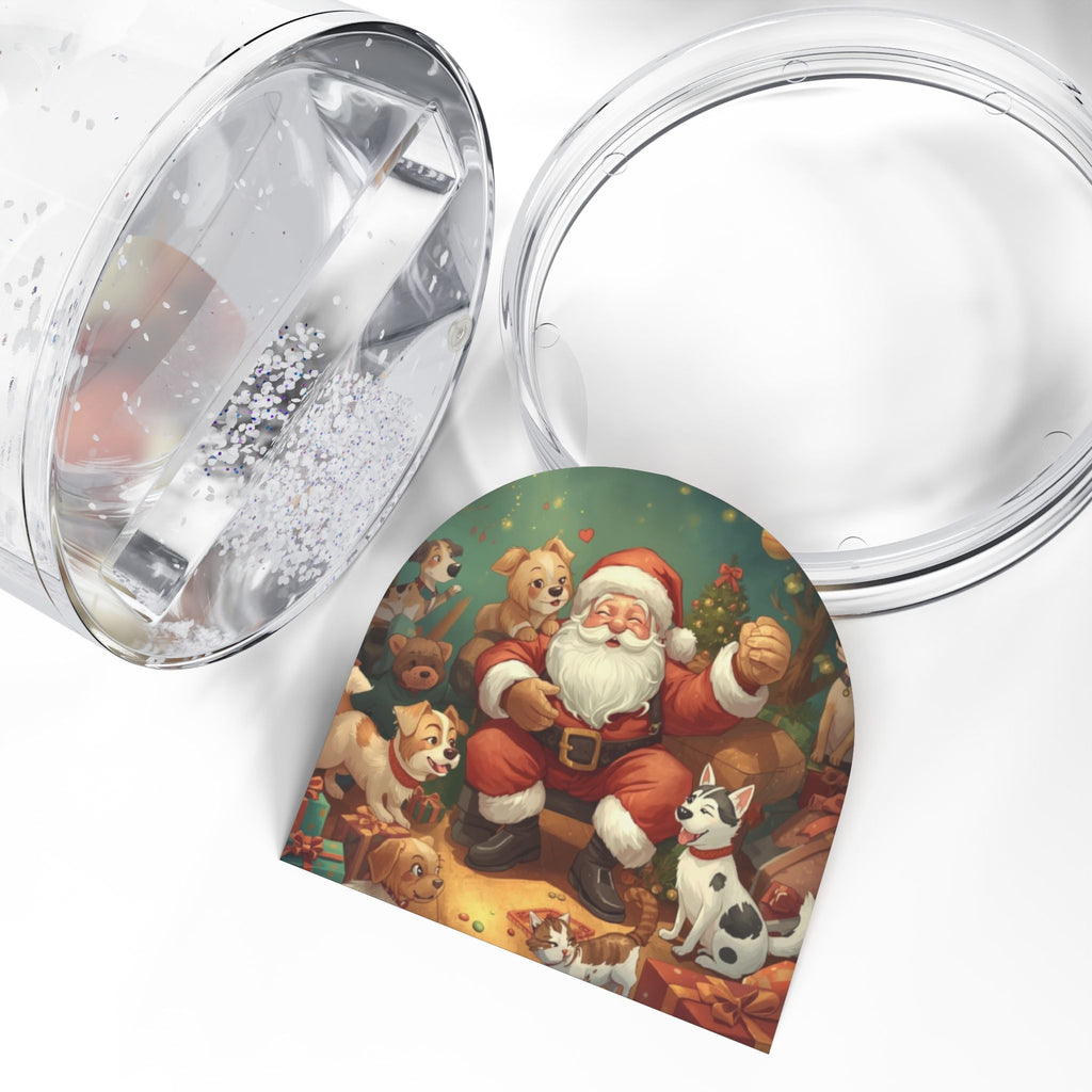 Festliche Schneekugel mit Weihnachtsmann und Haustieren Öffnung