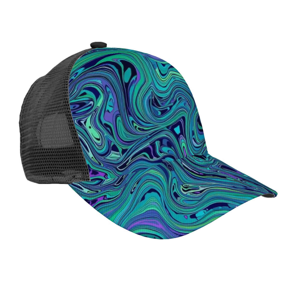 Mesh Baseball Cap (Full Pattern) with blue and green swirling design, featuring breathable mesh back and polyester twill fabric.