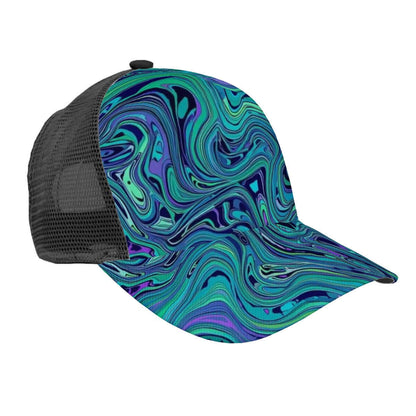 Mesh Baseball Cap (Full Pattern) with blue and green swirling design, featuring breathable mesh back and polyester twill fabric.