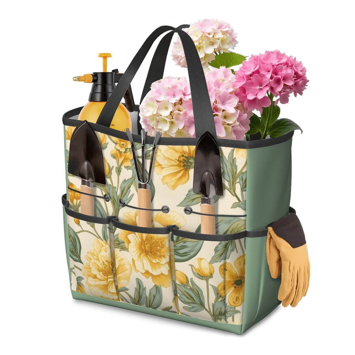 Blumenmuster Gartengerätetasche aus Oxford-Stoff, 11,8x5,5x11,4 Zoll, mit Werkzeug und Blumentopfen bestückt.